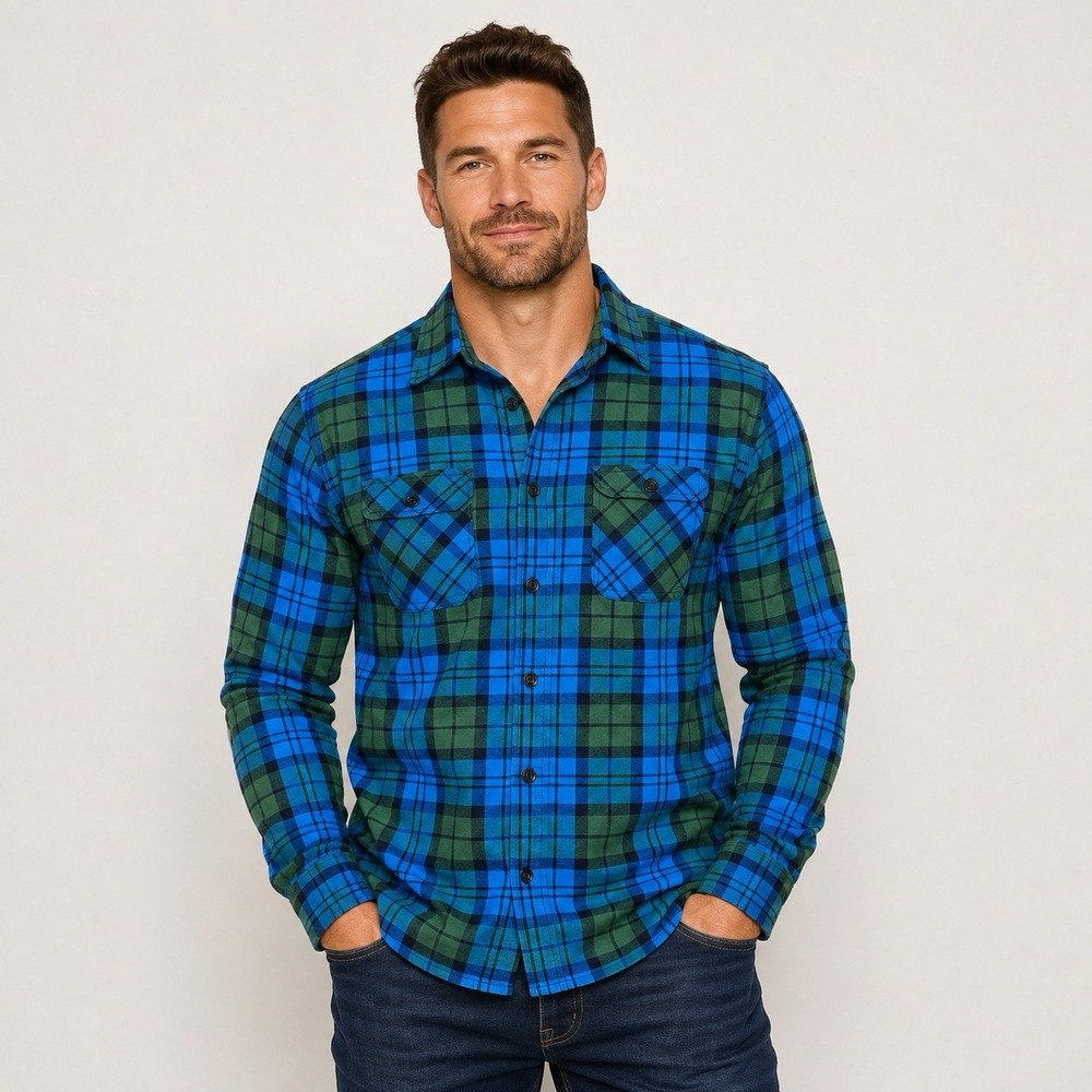 Red Camel Men's Medium Blue Green Plaid Flannel Shirt Cotton Button Front Grunge